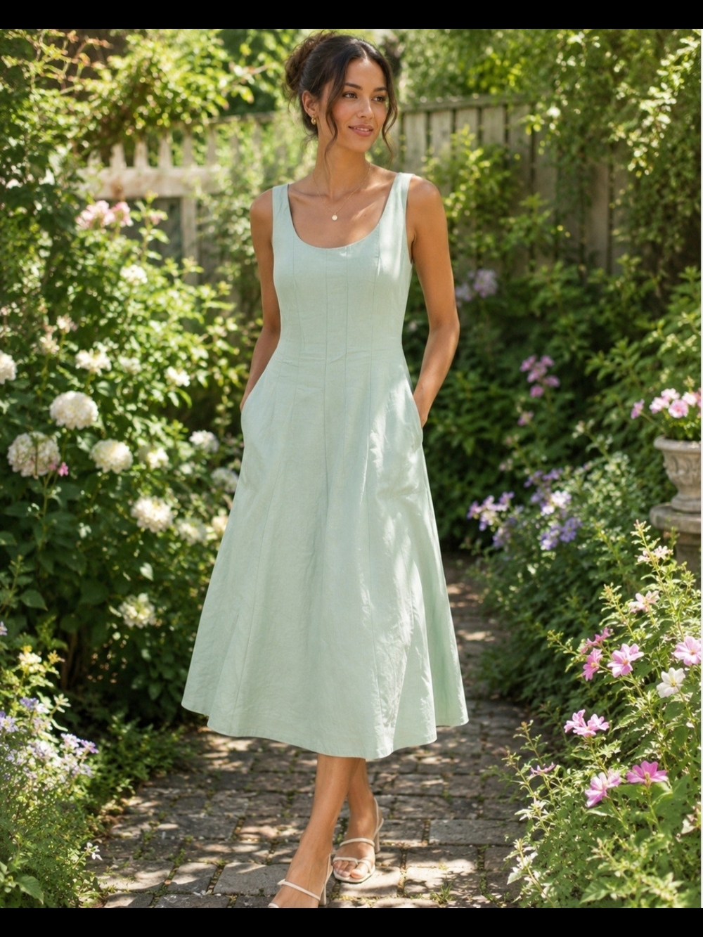 A New Day Women Mint Green Sleeveless Midi Dress  Pockets Cottage Core Size 8